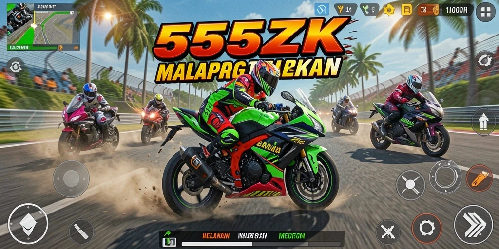 Tampilan gameplay <strong>555ZK</strong> yang penuh aksi balapan motor.