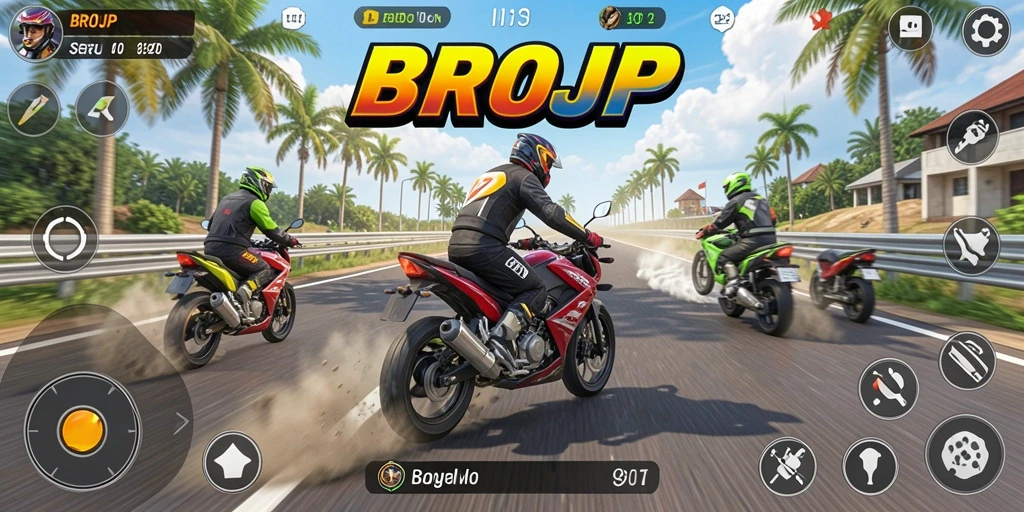 Screenshot gameplay BROJP menunjukkan balapan motor yang seru dan mendebarkan.
