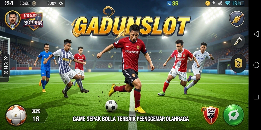 Screenshot gameplay GADUNSLOT dengan aksi seru di lapangan sepak bola.