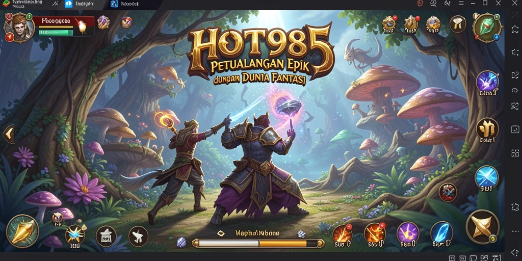 Screenshot HOT985 menunjukkan pertarungan epik dalam dunia fantasi yang kaya.