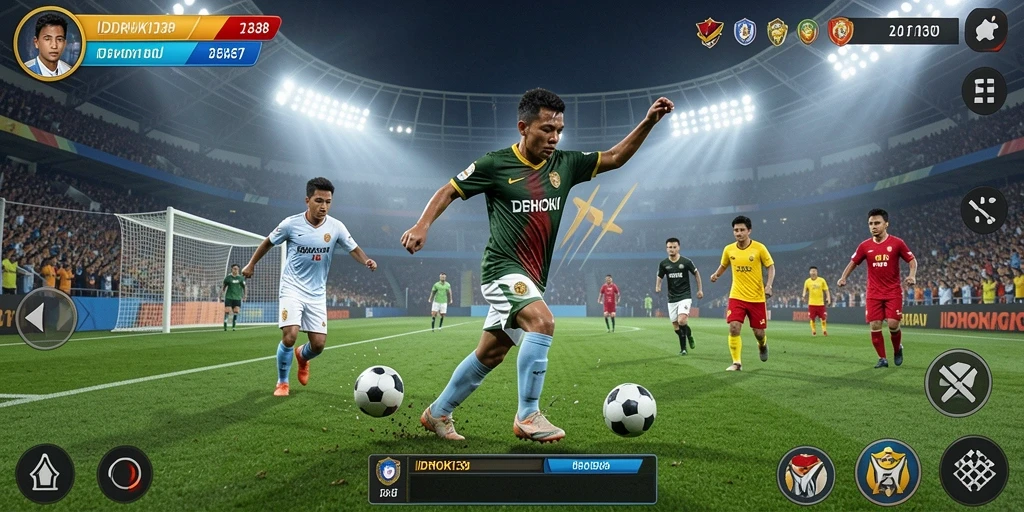 Tangkapan layar gameplay IDRHOKI138 menunjukkan aksi sepak bola yang mendebarkan.