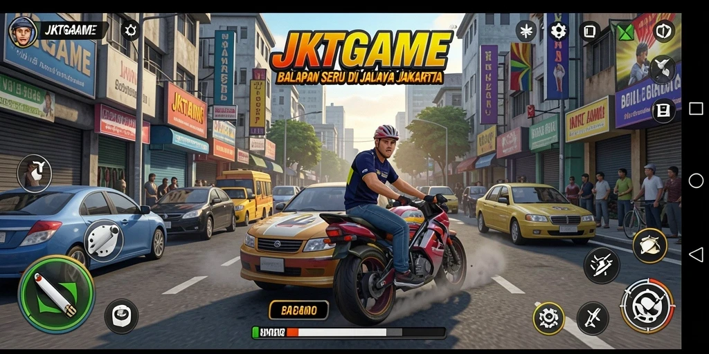Tampilan gameplay <strong>JKTGAME</strong> saat balapan di jalan raya Jakarta.