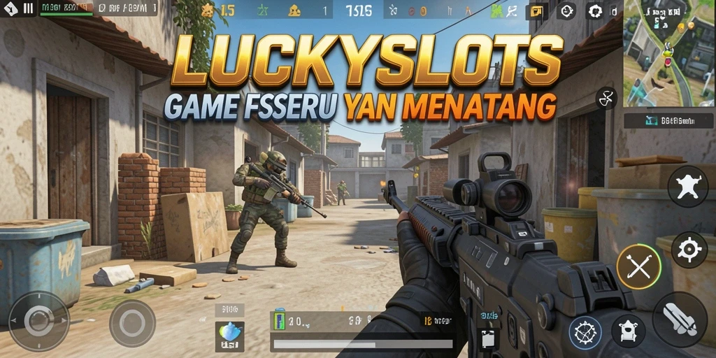 Tampilan gameplay <strong>LUCKYSLOTS</strong> yang menegangkan dalam pertempuran FPS.