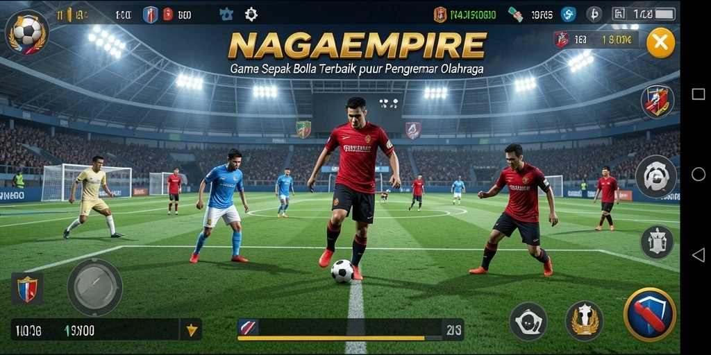 Screenshot gameplay NAGAEMPIRE yang menunjukkan aksi mendebarkan di lapangan sepak bola.