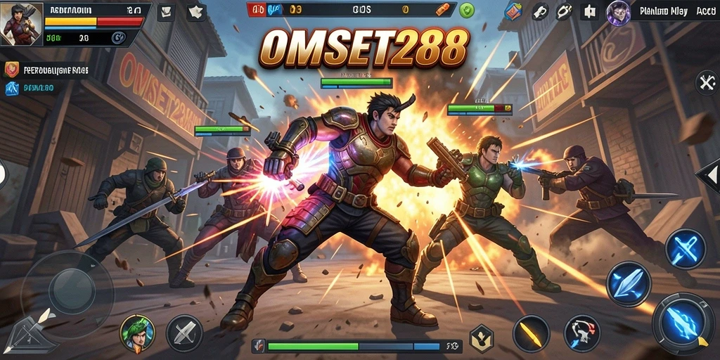 Screenshot OMSET288 menampilkan aksi pertempuran yang intens dan karakter unik.