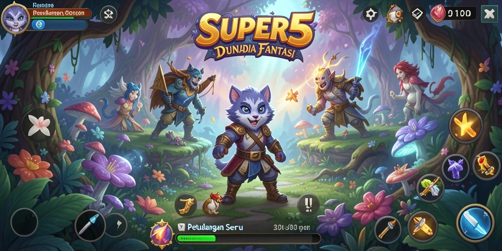 Screenshot gameplay SUPER5 menunjukkan dunia petualangan yang kaya visual.